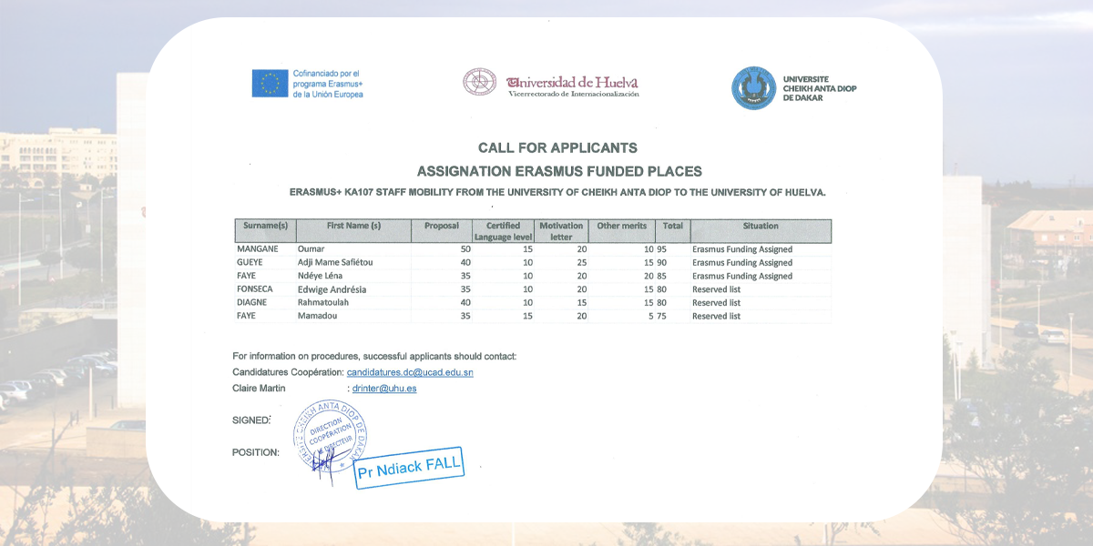 Résultats Présélection ERASMUS+ Université de Huelva